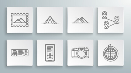 Set line Cruise ticket for traveling by ship, Photo camera, Globe flying plane, Egypt pyramids, Route location and Postal stamp and Mountains icon. Vector