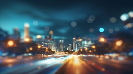 Vibrant Cityscape at Night: Aerial View of Traffic Patterns and Illuminated Skyline with Motion Blur Light Trails