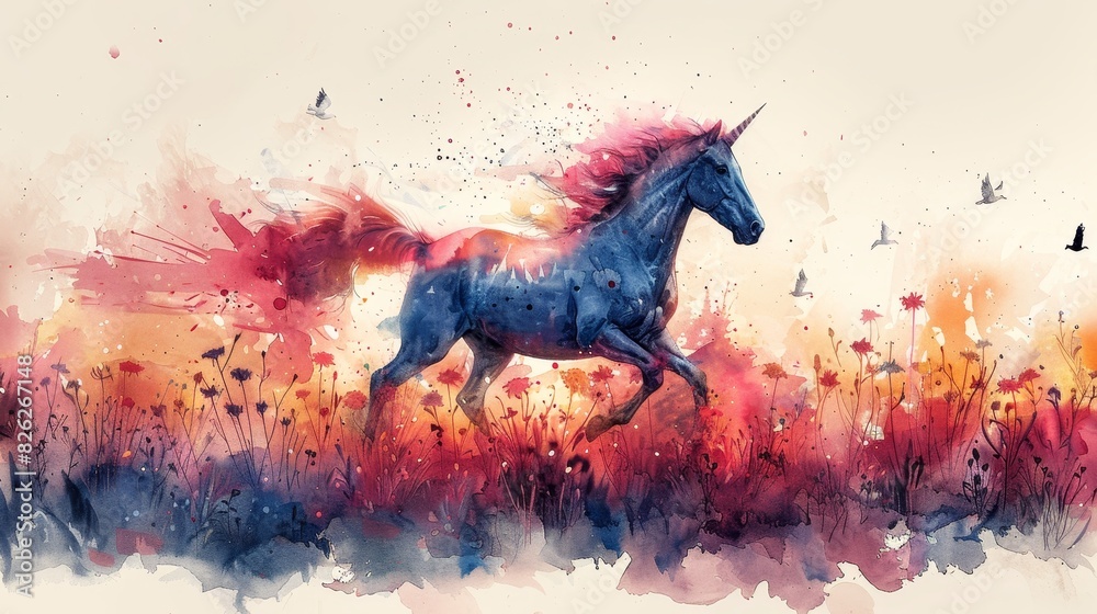 Poster Watercolor painting of a unicorn galloping through a meadow of wildflowers with a flock of birds flying overhead and Generative AI of a unicorn galloping through a meadow