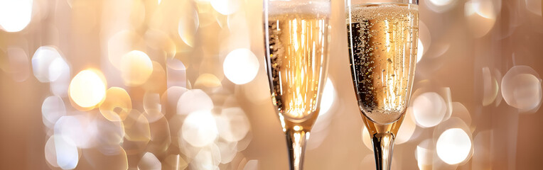 A vision of a luxurious Christmas celebration with champagne and golden bokeh lights background
