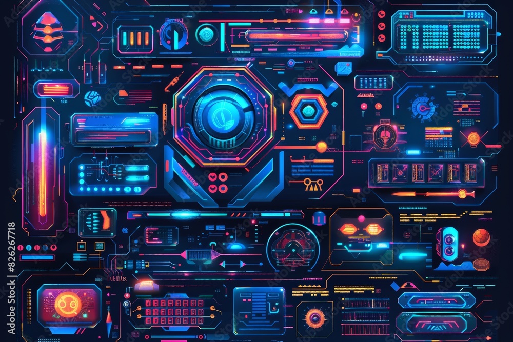 Fototapete A set of futuristic user elements including arrows, callouts, frame, holograms, board UI, circle FUI, audio, keyboard in cyberpunk style. Modern set.