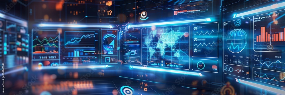 Aufkleber professional trade screens with financial data at a trading office in futuristic style computer or p