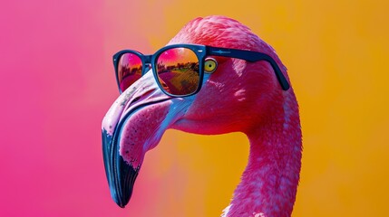 Stylish and colorful portrait of a flamingo wearing glasses, a quirky blend of nature and fashion. Generative Ai