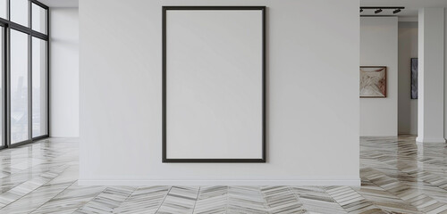 Modern 3D rendered mockup of a blank frame on a white wall in a room with a herringbone tile floor. Ultra HD image.