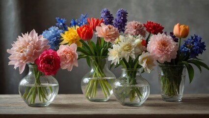 Flowers standing in a transparent vase on a table by the window