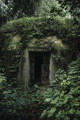 Fortified Underground Bunker Concealed in Dense Vegetation with Equipment Scattered Around Its Entrance