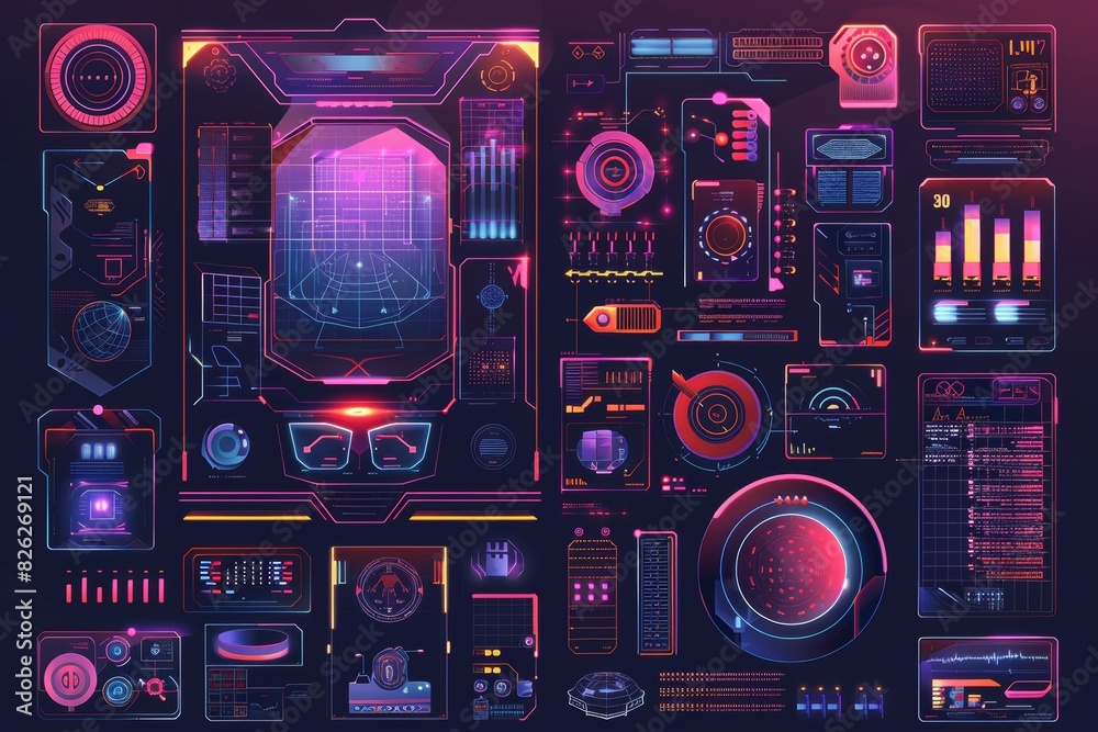 Poster cyberpunk and retrofuturistic graphic box with hi-tech elements. typeface, 3d geometric shapes, icon
