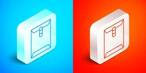 Isometric line Envelope icon isolated on blue and red background. Received message concept. New, email incoming message, sms. Mail delivery service. Silver square button. Vector