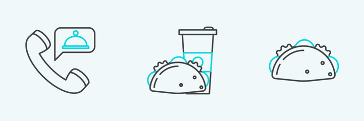 Set line Taco with tortilla, Food ordering and Paper glass and taco icon. Vector