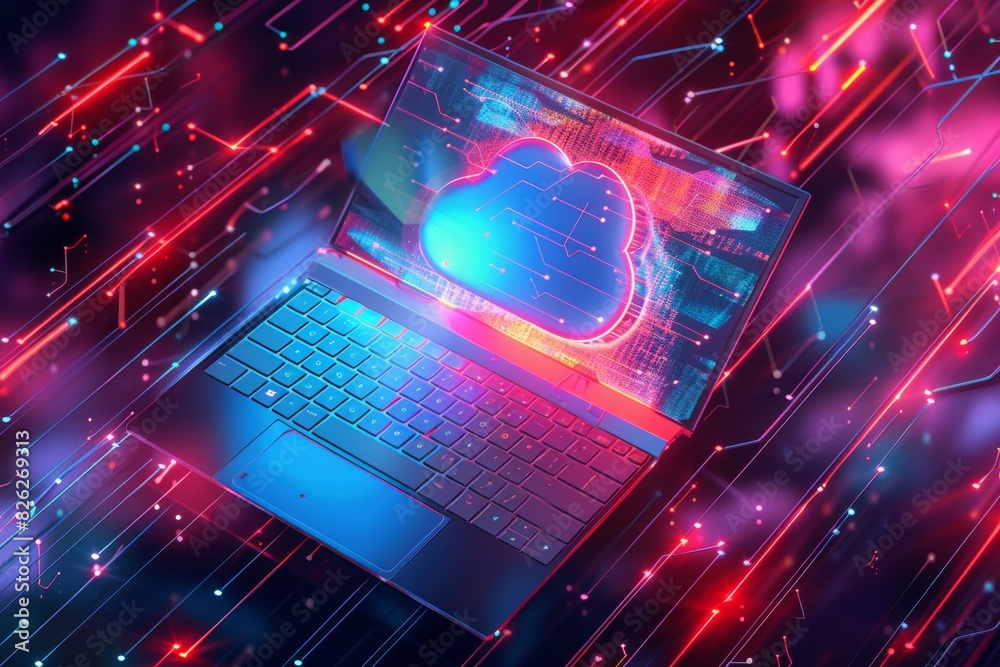 Aufkleber Shield Laptop, Cyber Security Concept. 3D laptop and cloud data under protection. Data protection and cybersecurity. Software development. Safety internet technology.