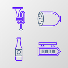 Set line Street signboard with inscription Beer, bottle, Salami sausage and Musical instrument trumpet icon. Vector
