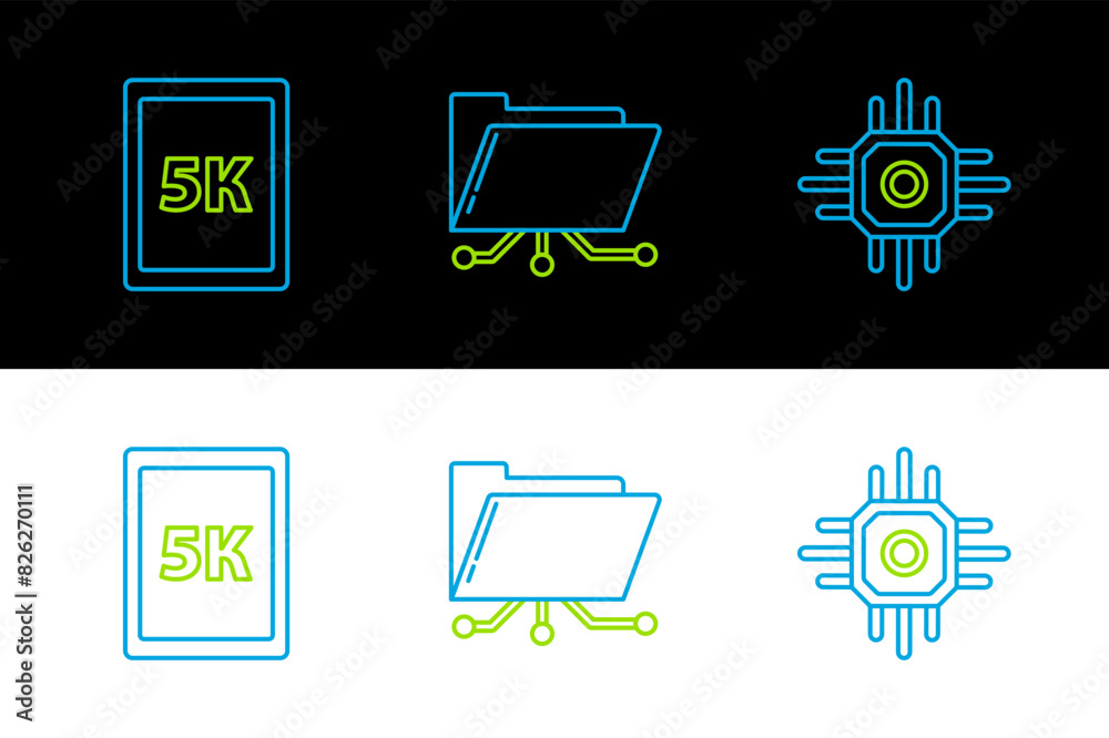 Poster set line processor, tablet with text 5k and folder and lock icon. vector