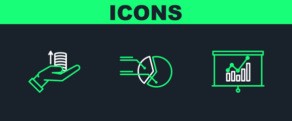 Set line Board with graph chart, Money on hand and Pie infographic icon. Vector
