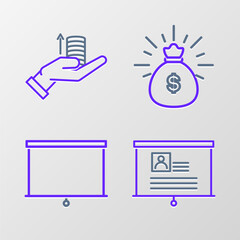 Set line Board with resume, Chalkboard, Money bag and hand icon. Vector