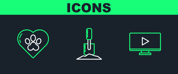 Set line Online play video, Heart with animals footprint and Shovel the ground icon. Vector