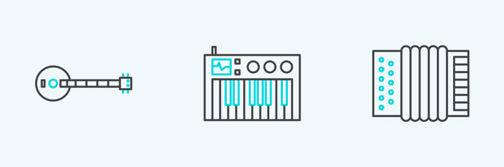 Set line Musical instrument accordion, Banjo and synthesizer icon. Vector