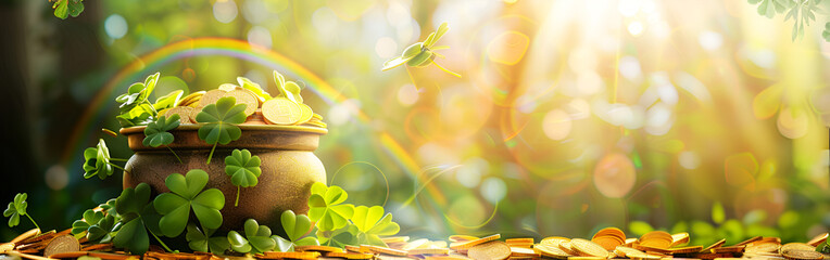 Web banner with Leprechaun pot full of gold under clover leaves space concept on a blurred background

