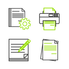 Set line File document, Blank notebook and pencil with eraser, Printer and Document settings gears icon. Vector
