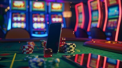 3D online casino with smartphone or mobile phone, dice, cards, and roulette on a green table.