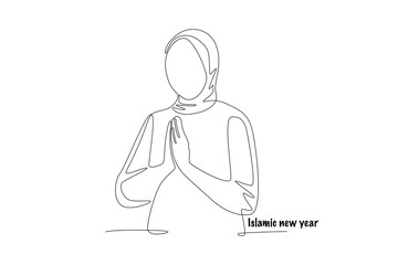 Muslim woman. Islamic new year concept one-line drawing