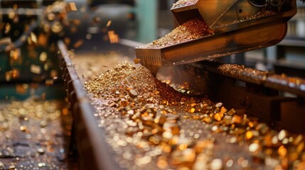A conveyor belt moves gold nuggets through an industrial processing plant as golden bits scatter around.