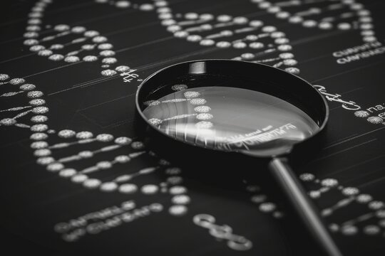 Intriguing Genetic Detective Story Unfolding with Chromosome Clues and a Noir Atmosphere, Magnifying Glass Revealing Secrets of Discovery. - Powered by Adobe
