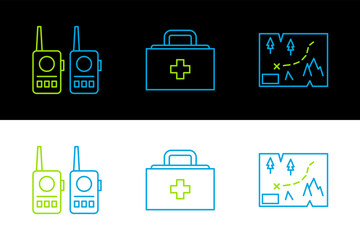 Set line Folded map with location, Walkie talkie and First aid kit icon. Vector