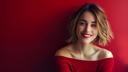 Fototapeta premium Happy woman on red background