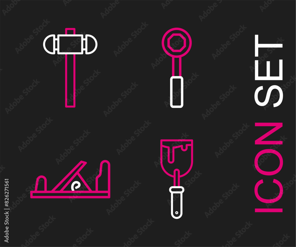 Wall mural Set line Putty knife, Wood plane tool, Wrench spanner and Sledgehammer icon. Vector