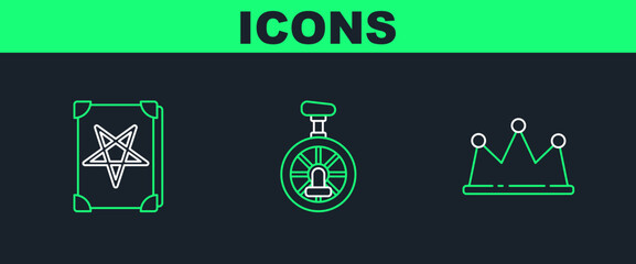 Set line Crown, Ancient magic book and Unicycle or one wheel bicycle icon. Vector