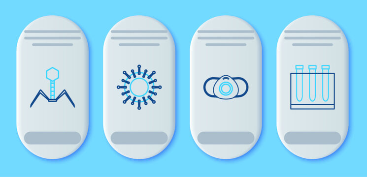 Set line Virus, Medical protective mask, Bacteria bacteriophage and Blood test and virus icon. Vector