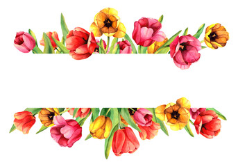 Watercolor floral frame with bright tulips. Rectangular template for inscription and advertising of sale. Spring wedding invitation design. Illustration isolated on white background