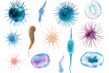 set of microbe and virus icons for sexually transmitted infections (STIs), such as Chlamydia and Gonorrhea.