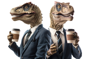 Two dinosaurs in business suits drink coffee on a white background
