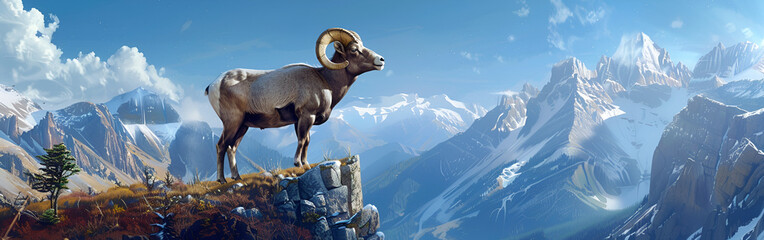 The Majestic Mountain goat Standingon the Top of a Rugged Mountain Peak blue sky background
