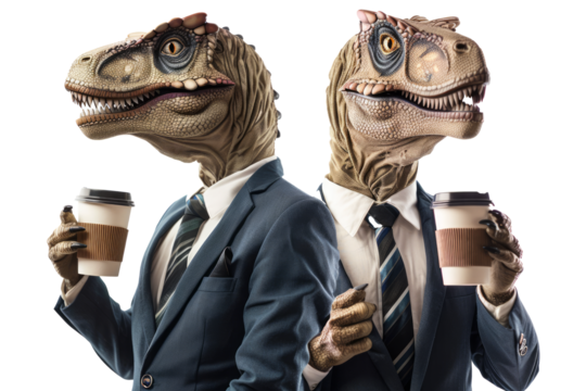 Two dinosaurs in business suits drink coffee on a white background