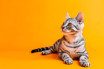 Obraz premium Cute American Shorthair Cat over colourful background. Template for vet clinic, pet store or adoption message.