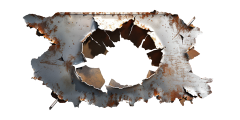 A bullet hole in a metal sign, with the torn edges and fragments conveying the force.