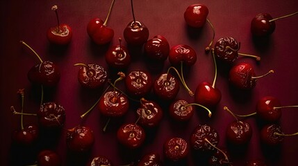   A cluster of cherries rests atop a crimson table alongside other cherries stacked on top of one another