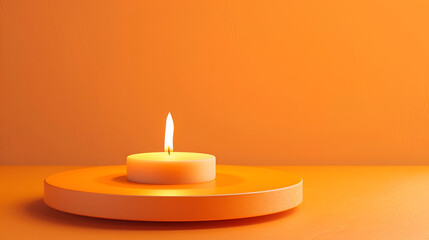 burning candle on the podium on the orange background, Beautiful tea candles of different sizes on a brown table, Burning romantic candles, on the podium background