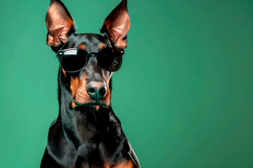 Cool Doberman dog over colourful background. Template for vet clinic, pet store or adoption message.