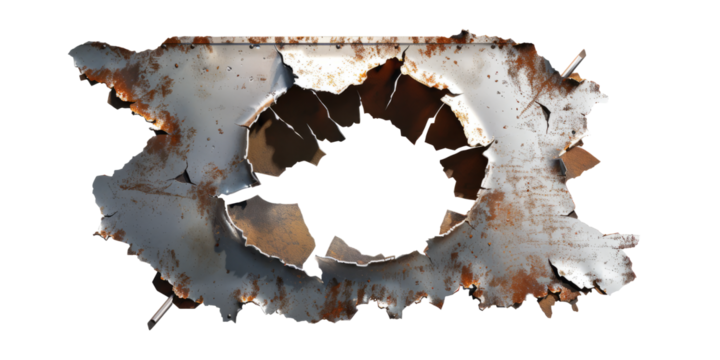 A bullet hole in a metal sign, with the torn edges and fragments conveying the force.