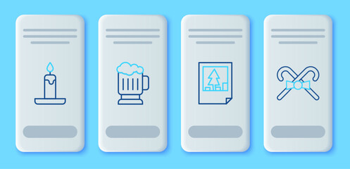 Set line Wooden beer mug, Christmas postcard, Burning candle and candy cane icon. Vector