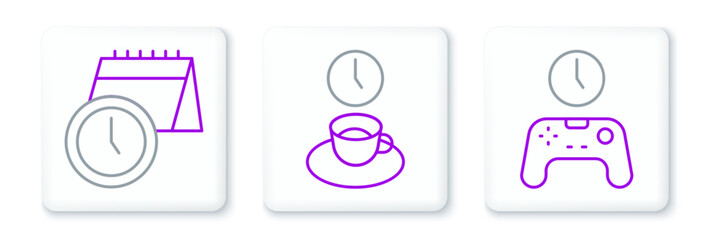 Set line Gamepad of time, Calendar and clock and Coffee icon. Vector © Oksana