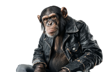 A confident chimpanzee in a worn leather jacket and ripped jeans, exuding a rebellious punk attitude.