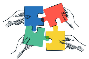 Human hands holding colorful pieces of puzzle. Vector hand drawn sketch illustration. Business team solving problem, joining and connecting jigsaw. Teamwork, partnership, business solution concept