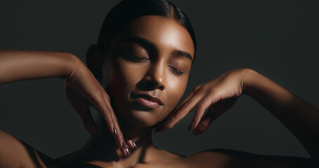 Happy woman, relax and shower in skincare, natural beauty or hygiene against a grey studio...