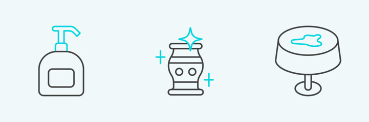Set line Stain on the tablecloth, Bottle of liquid soap and Clean vase icon. Vector