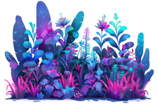 A futuristic garden filled with glowing, neon-lit plants and flowers, set against a white background.