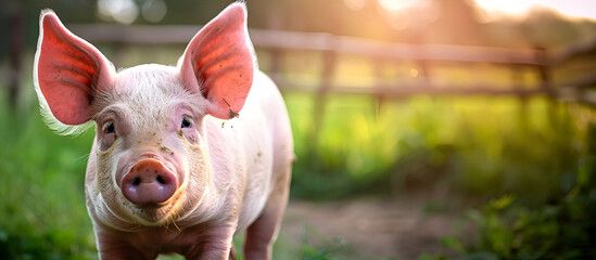 Curious pig on a sunny farm field - Powered by Adobe